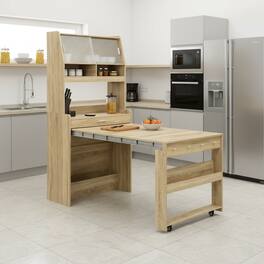 Forest'nSky - 69" Tall Buffet with Hutch & Foldable Dining Table, Storage Cabinet for Small Apartments, Oak - Natural