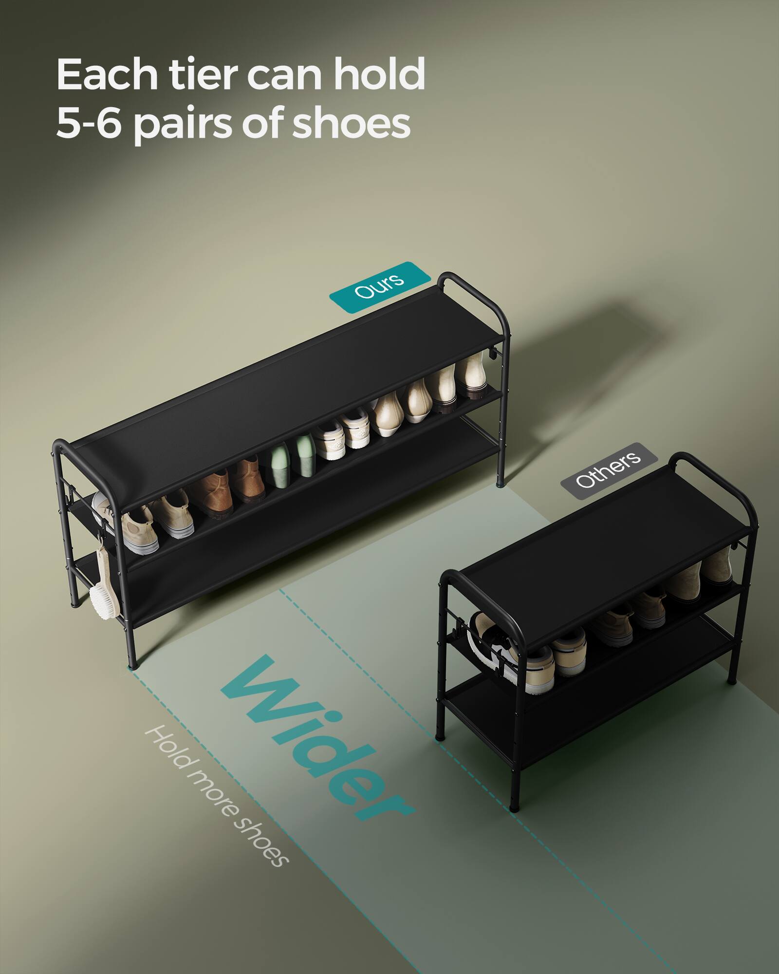 Each tier can hold 5-6 pairs of shoes.  
Ours  
Others  
Wider  
Hold more shoes