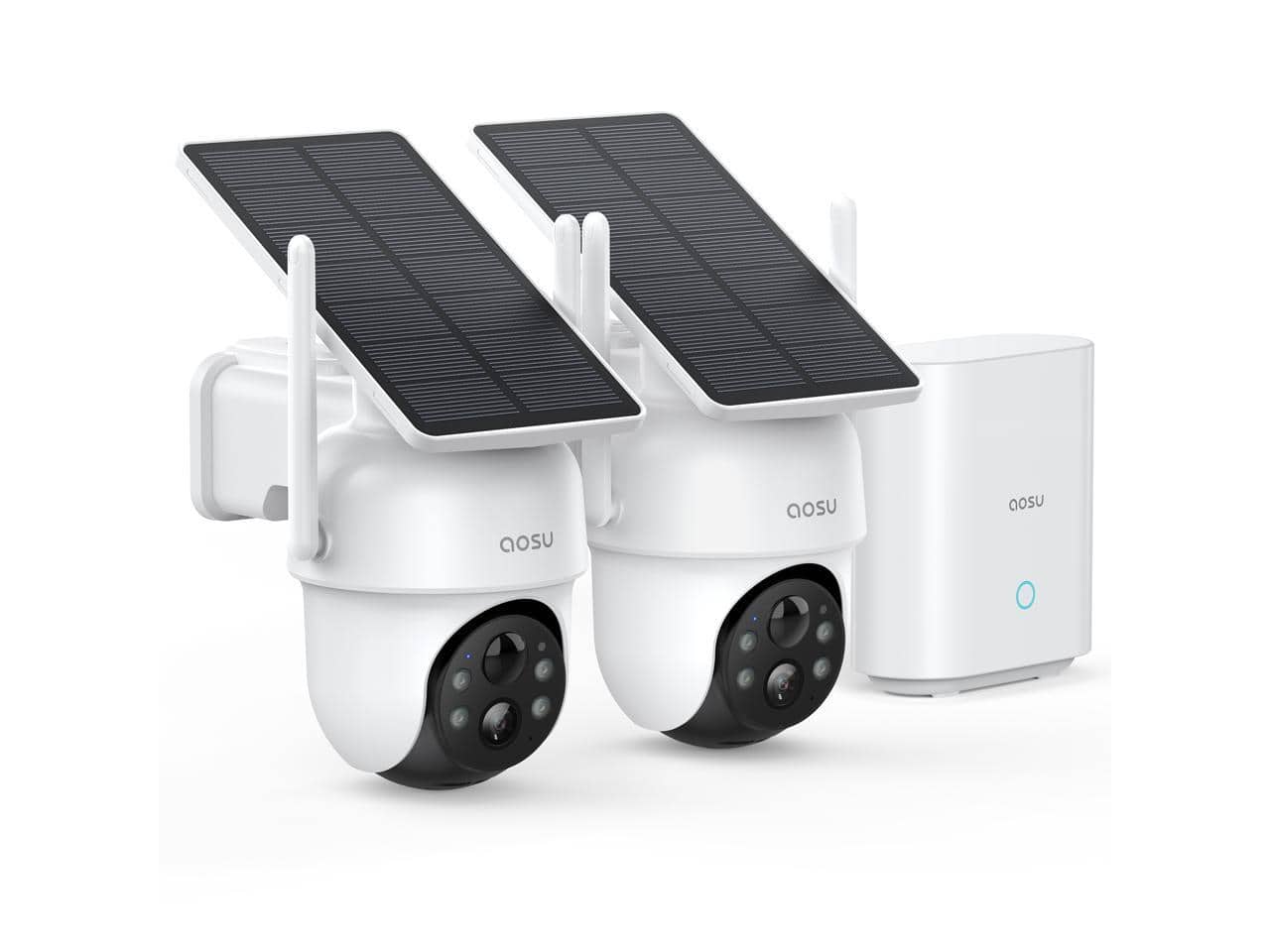 AOSU - 2K QHD 3.0MP Dual-Band Wi-Fi Outdoor AI Solar Security Camera Kit, Panoramic PTZ, Auto-Tracking, Home Station, 2 Cams - White