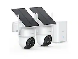 AOSU - 2K QHD 3.0MP Dual-Band Wi-Fi Outdoor AI Solar Security Camera Kit, Panoramic PTZ, Auto-Tracking, Home Station, 2 Cams - White