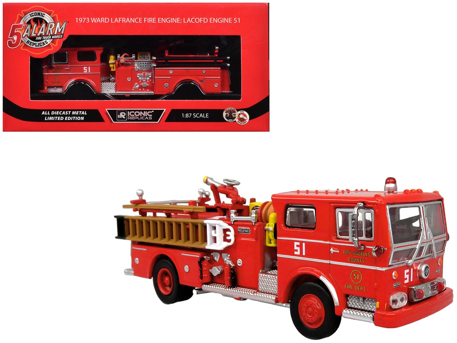 Iconic Replicas - 1973 Ward LaFrance Fire Engine "Los Angeles County Fire Department Engine 51" "5 Alarm" Series Limited Edition 1/87 - Red