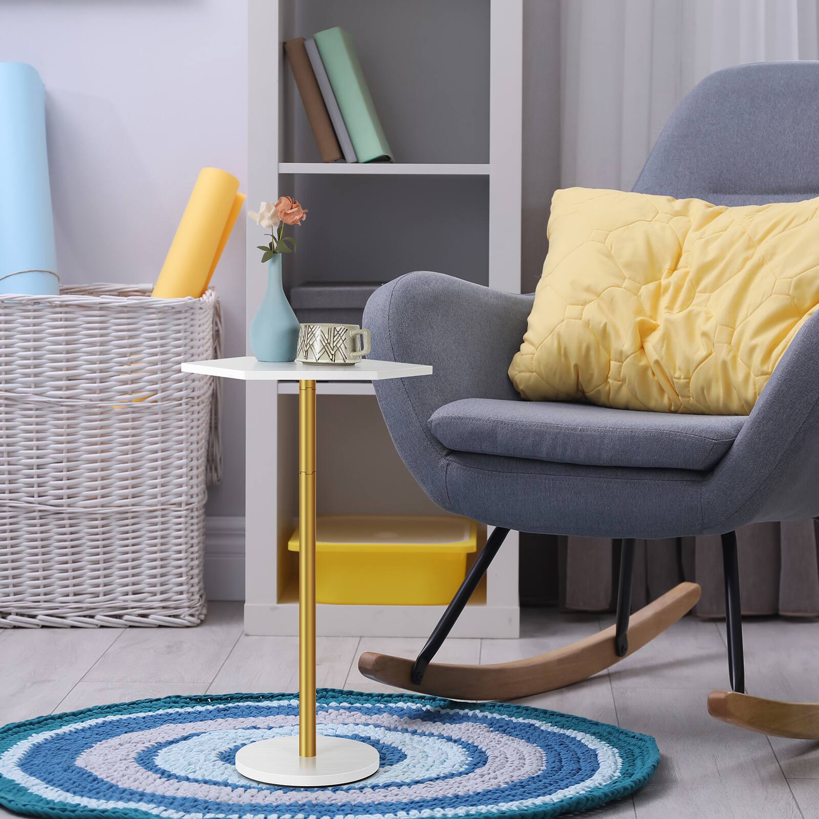 Alt View 1. Oumilen - Set of 2 White Hexagonal Bamboo Side Tables, Modern Pedestal End Tables with Gold Metal Leg - White.