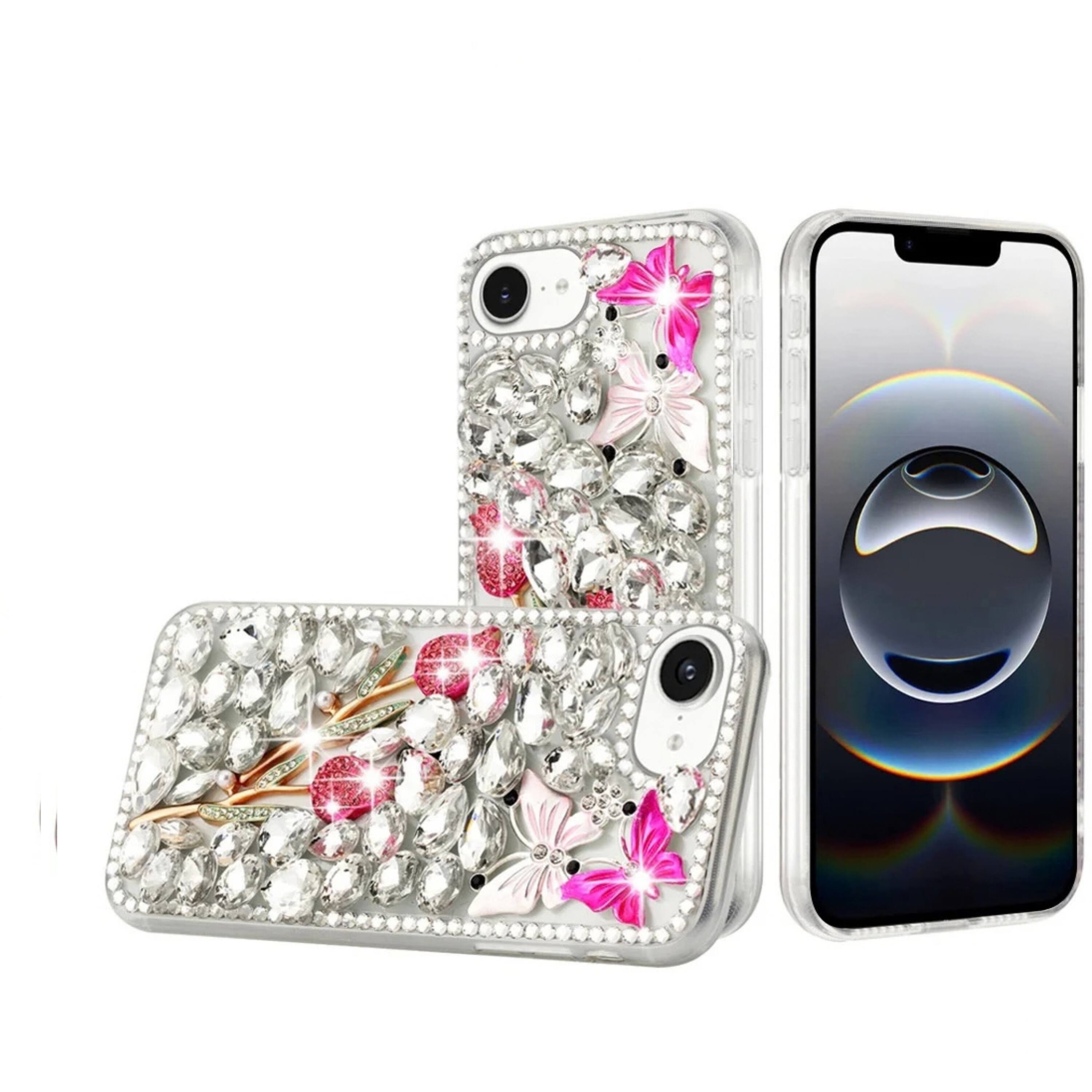 Front. Kitcheniva - Full Diamond Faux 3D Jewel Phone Case With Tempered Glass For iPhone 16e 17e Crystal Garden - White.