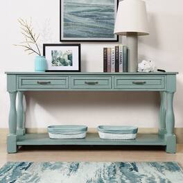GOODSILO - Extra-Long Wooden Console Table with Three Drawers and Bottom Shelf for Entryway or Hallway Use - Retro Blue
