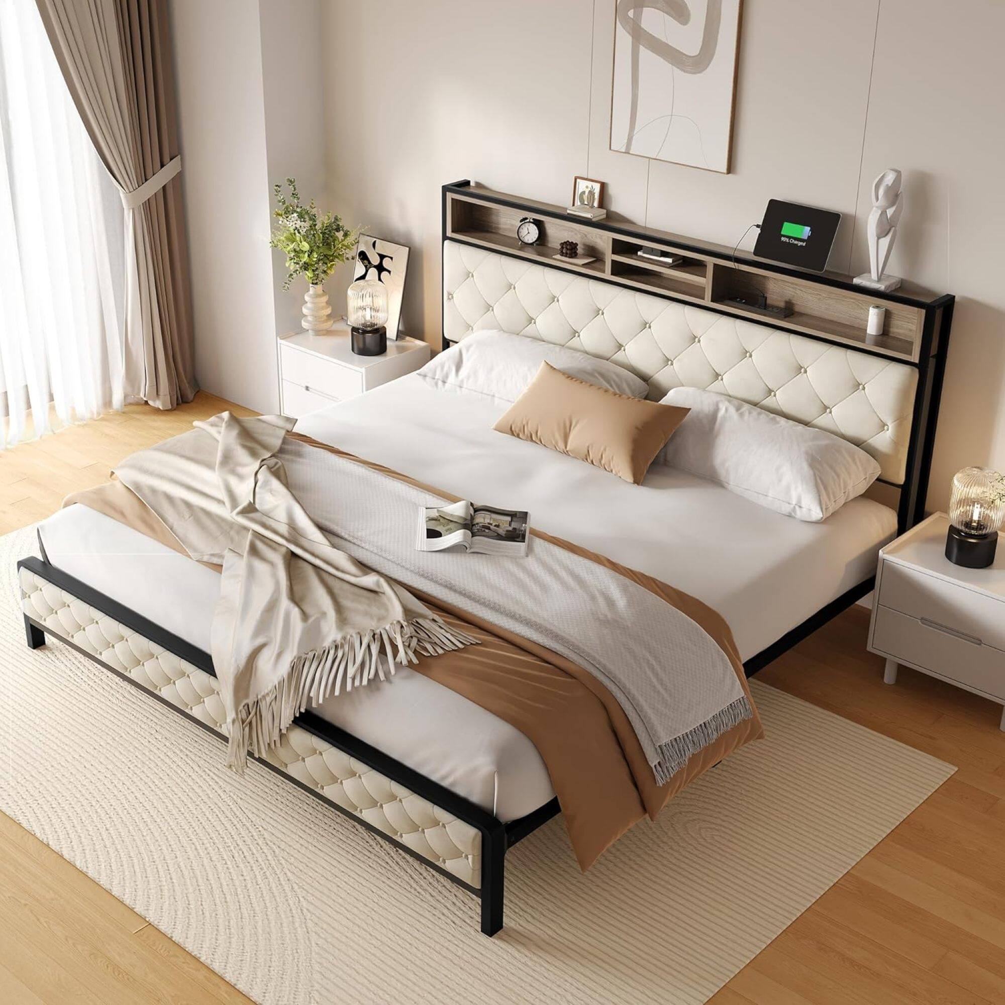 Front. GOODSILO - King Size Upholstered Platform Bed Frame with Charging Station and Storage Headboard, No Box Spring Needed - Beige.