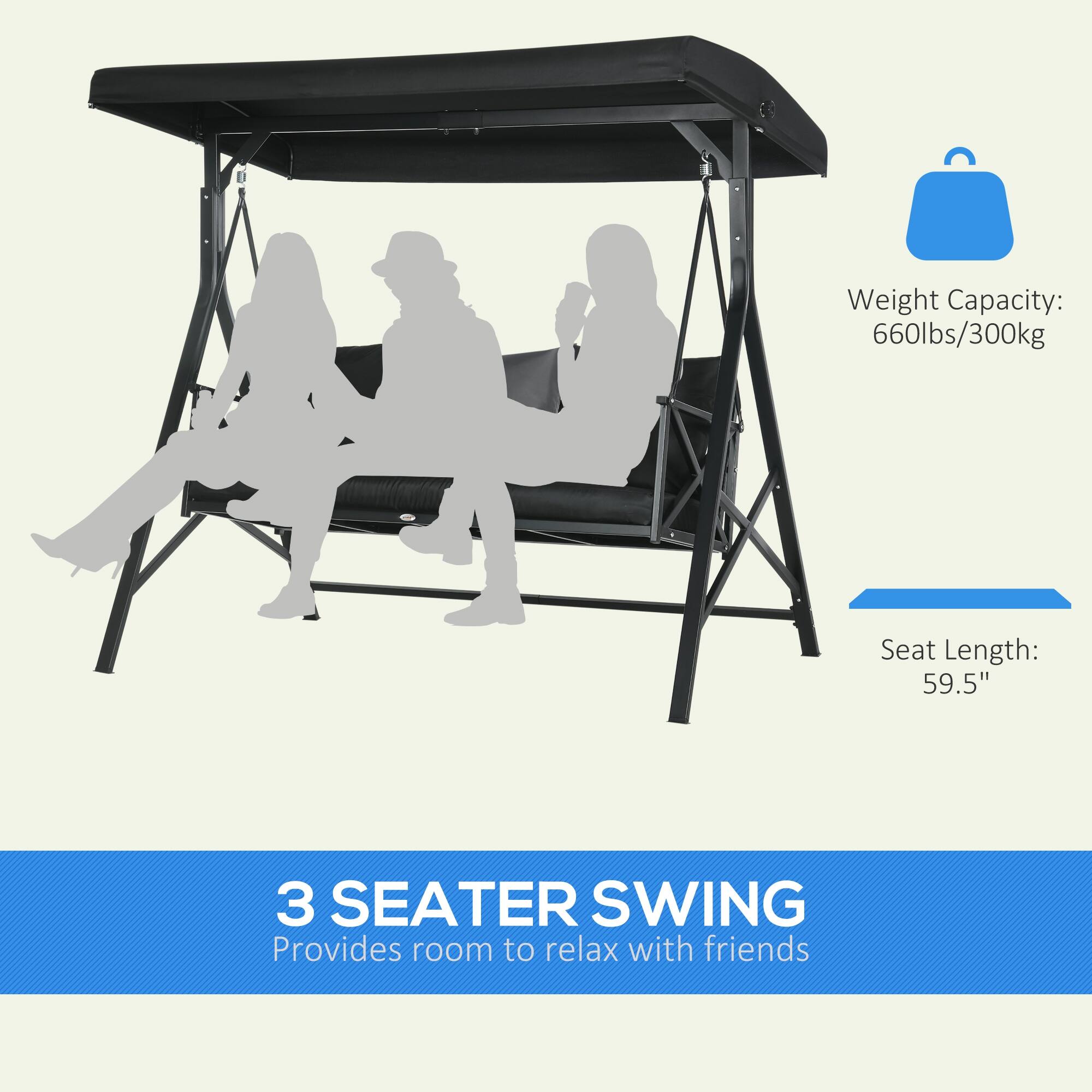 Weight Capacity: 660lbs/300kg
Seat Length: 59.5"
3 SEATER SWING
Provides room to relax with friends