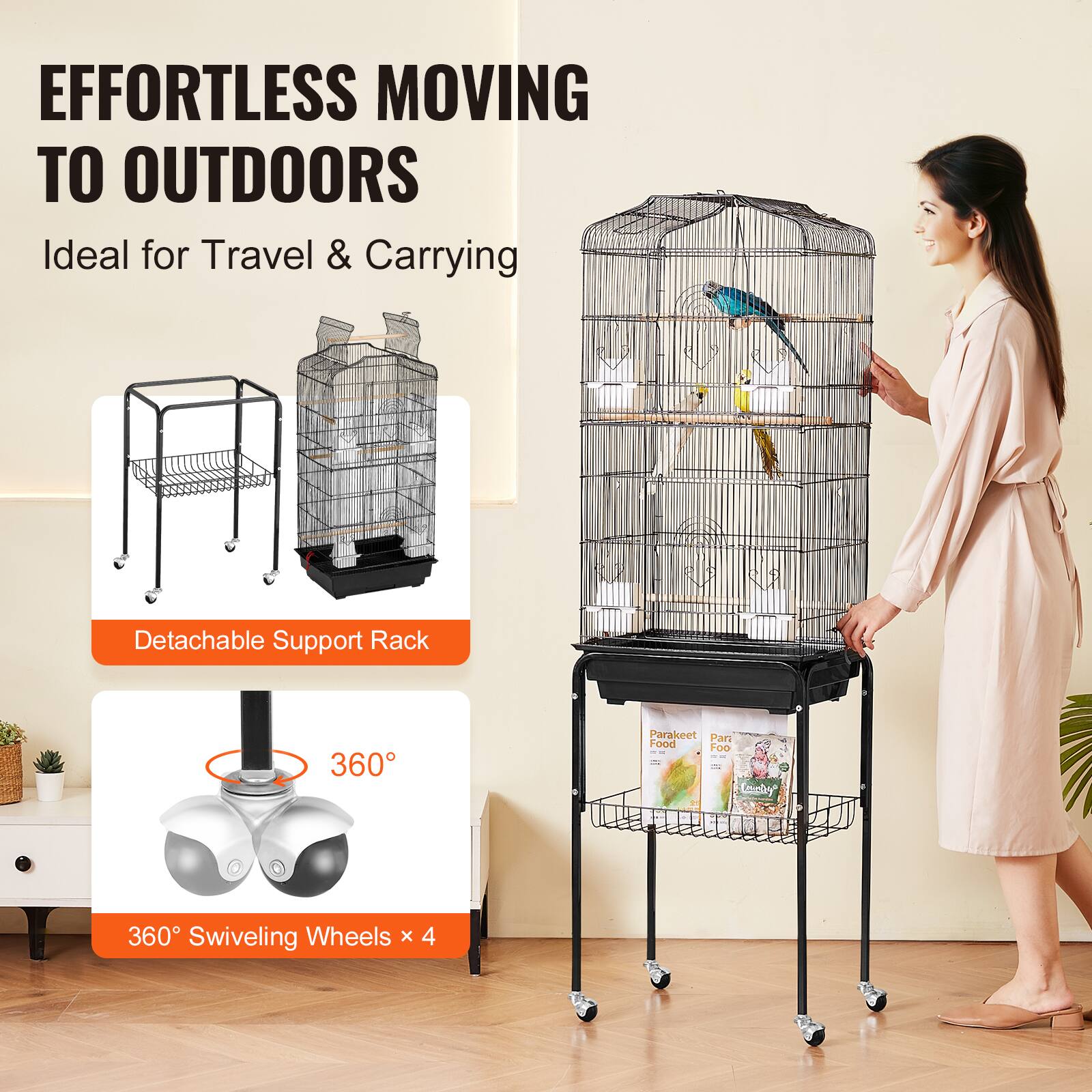 EFFORTLESS MOVING TO OUTDOORS  
Ideal for Travel & Carrying  

Detachable Support Rack  

360° Swiveling Wheels x 4