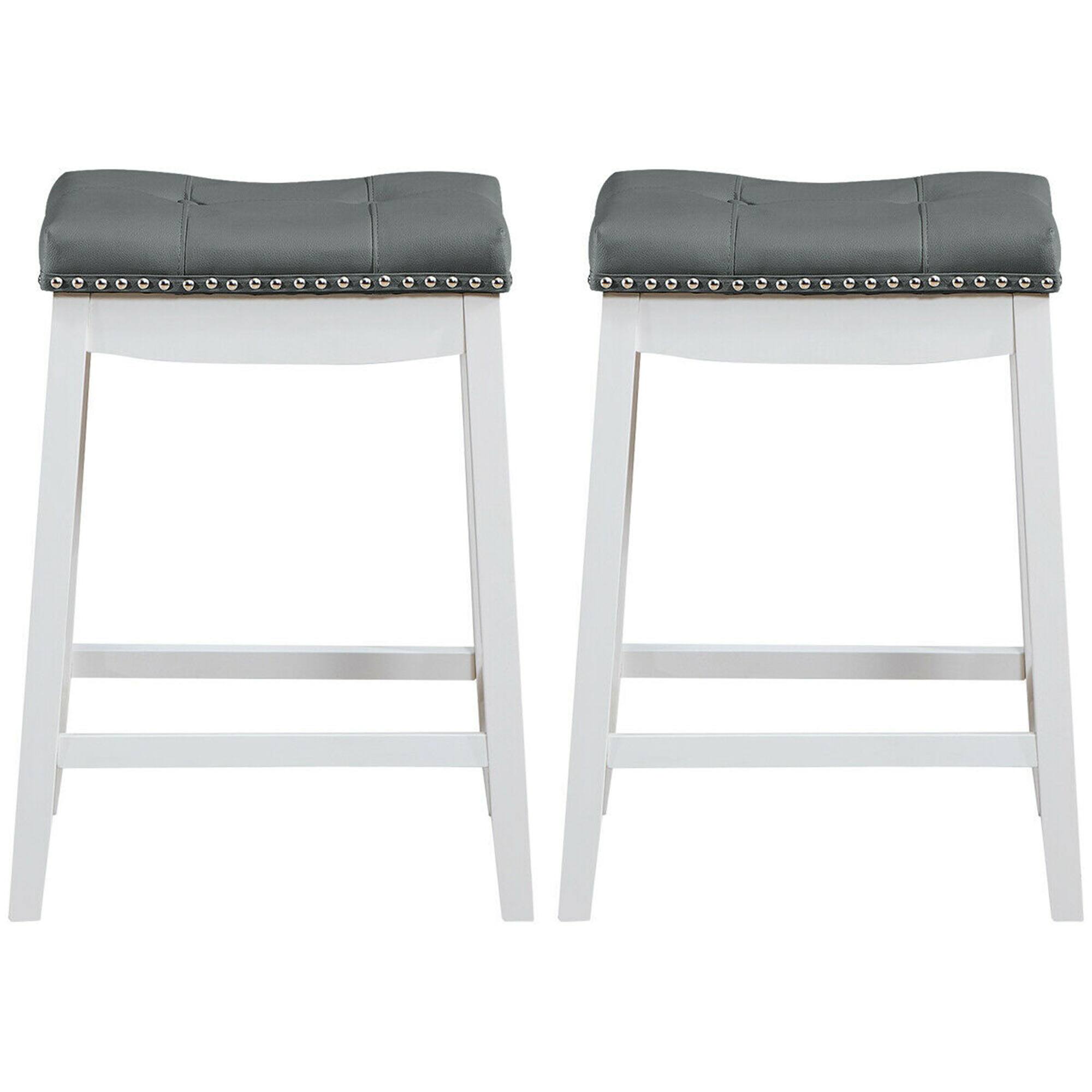 Alt View 4. Gymax - Gymax Set of 2 Nailhead Saddle Bar Stools 24'' Counter Stools White with Grey Cushion - as pic.