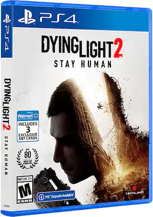 The corrected text is:
"PS4 Dying Light 2 Stay Human Dying Light 2 Walmart Exclusive Includes 3 Exclusive Art Cards Stay Human MATURE 17+ ESRB 2103961 TECHLAND PS5 Upgrade Available" - M (Mature 17+)