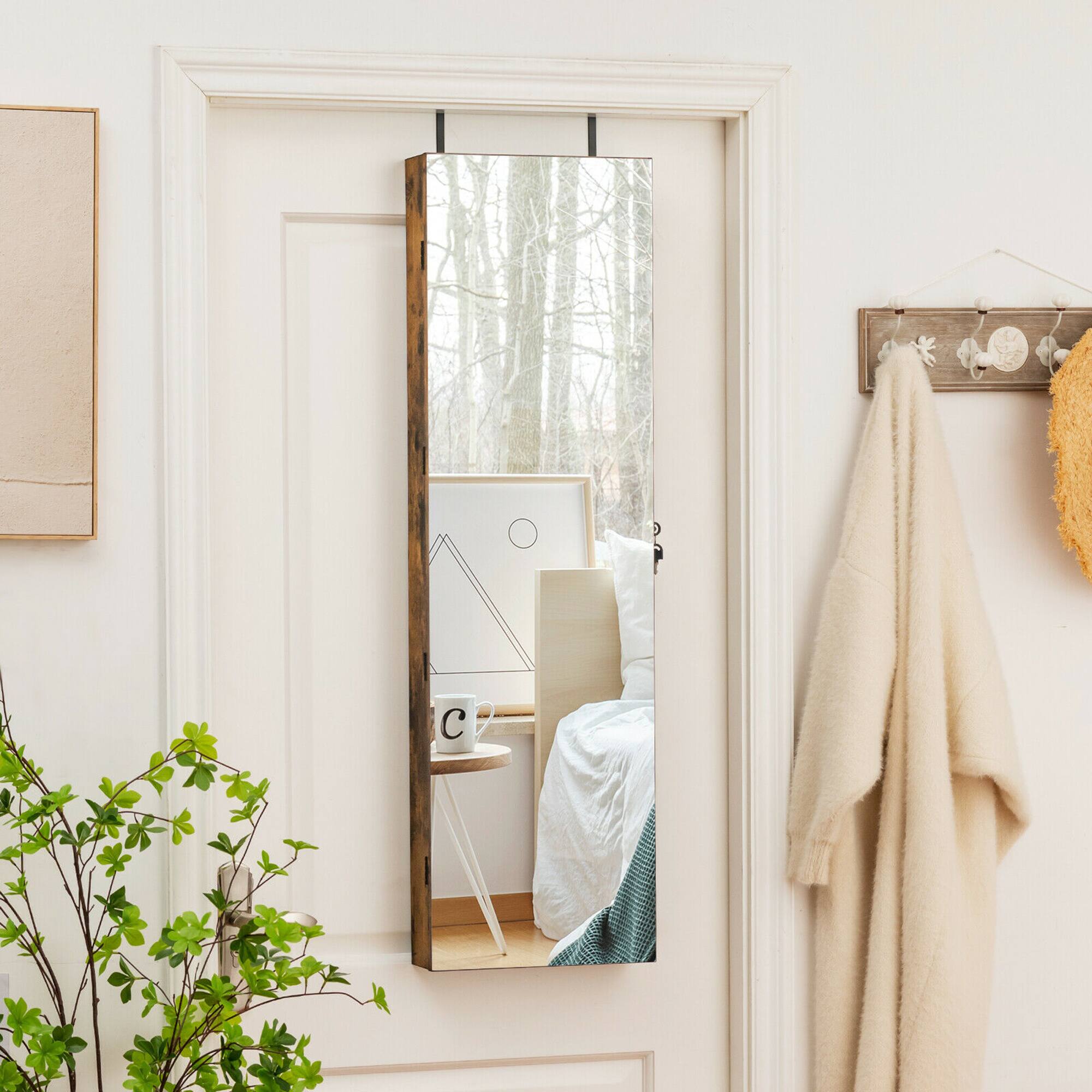 Alt View 2. Gymax - Gymax Mirrored Wall & Door Mounted Jewelry Storage Cabinet Organizer W/ Lights & Drawer Rustic Brown - Brown.