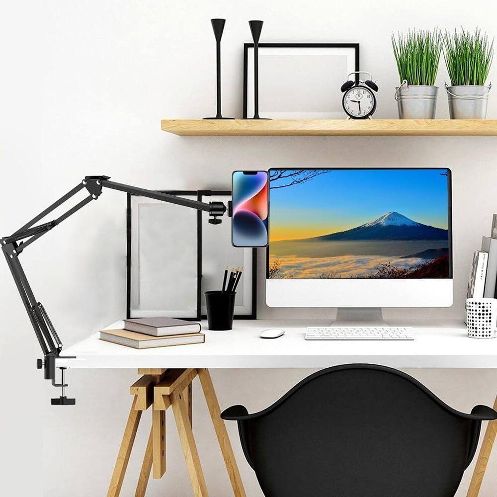 Angle. PARKER SLATER - Overhead tripod mount with long articulating arm, phone holder, and ball head, desktop clamp stand for live streaming.