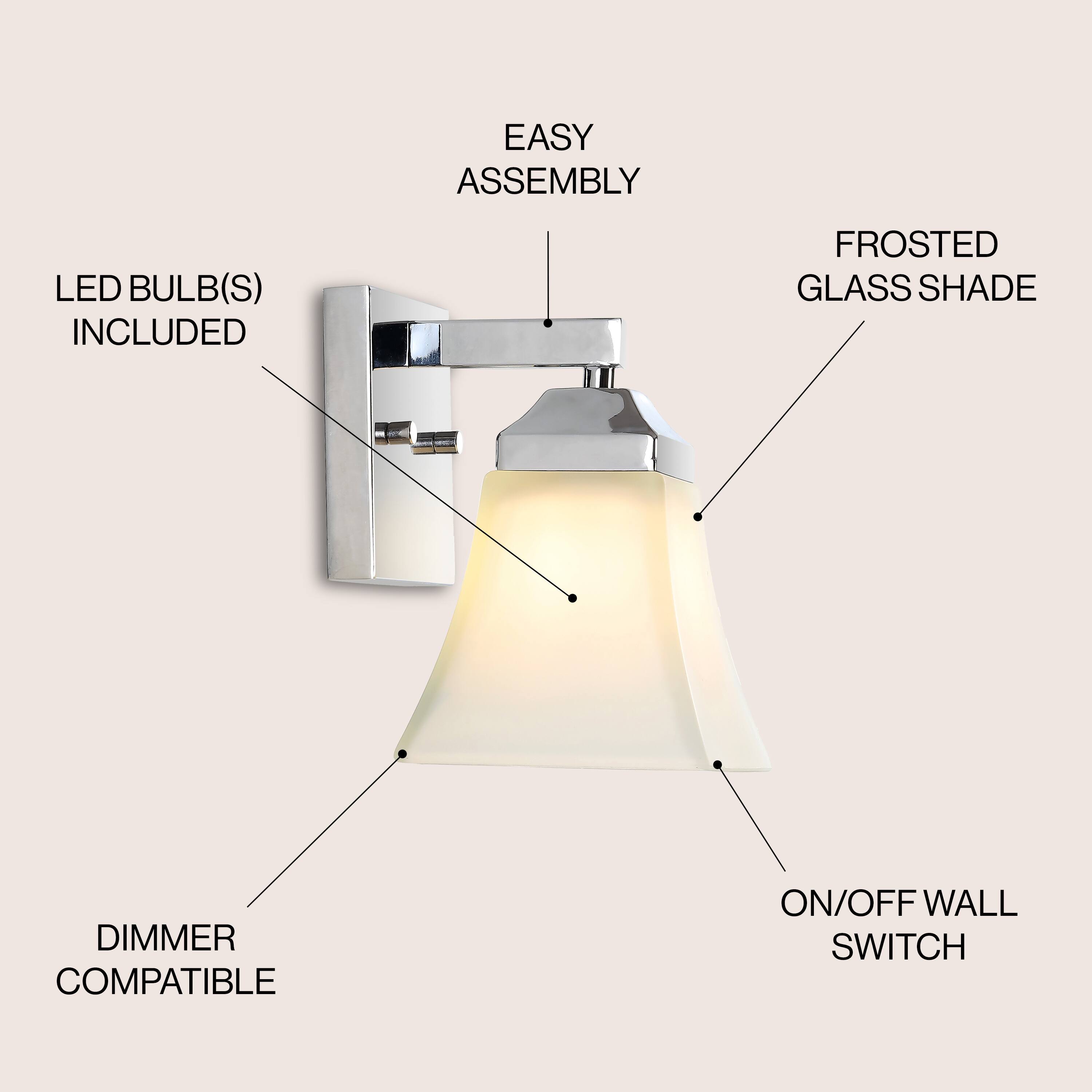 EASY ASSEMBLY  
LED BULB(S) INCLUDED  
FROSTED GLASS SHADE  
DIMMER COMPATIBLE  
ON/OFF WALL SWITCH