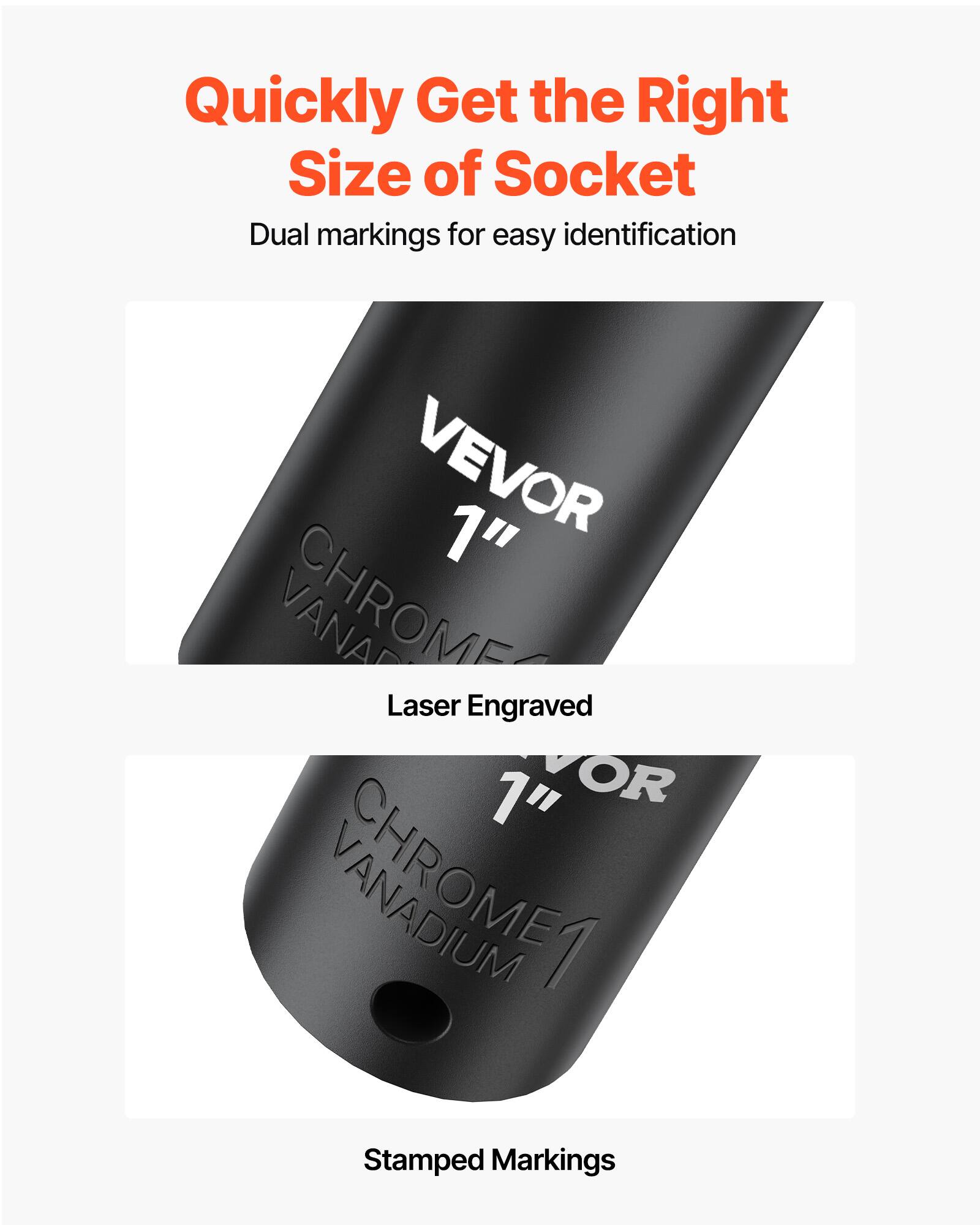 Quickly Get the Right Size of Socket  
Dual markings for easy identification  

VEVOR 1"  
CHROME VANADIUM  

Laser Engraved  

Stamped Markings
