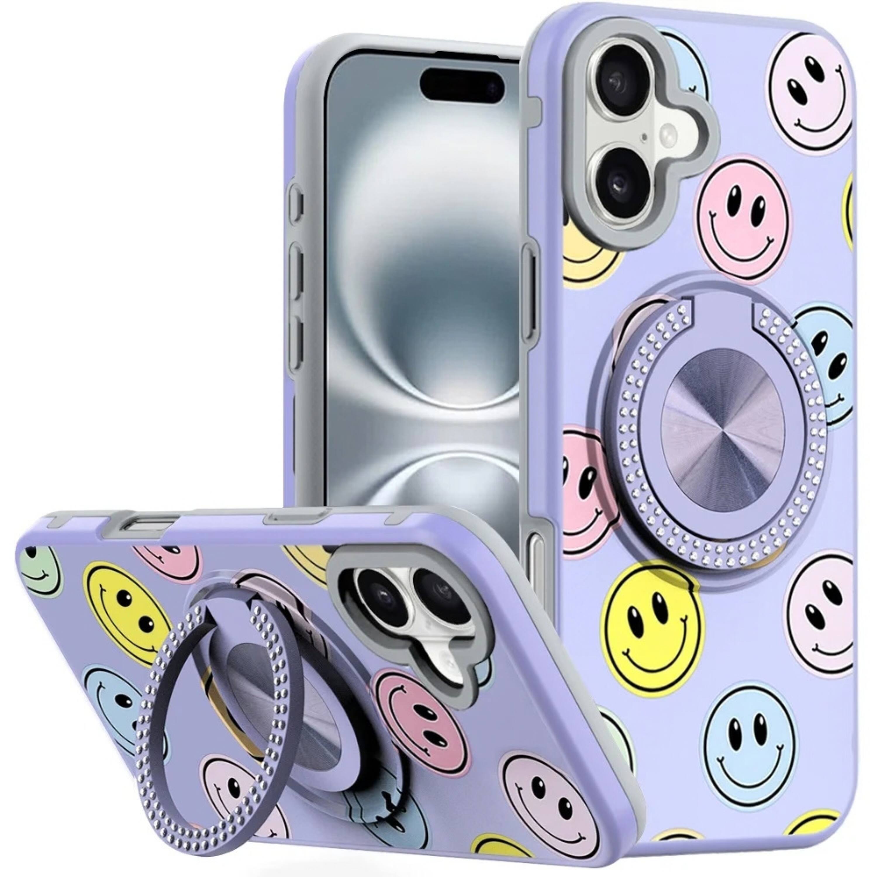 Front. Kitcheniva - Printed Bling 360 Rotating Ring Stand Phone Case With Tempered Glass For iPhone 16 6.1 Inch Smiles - Smile.