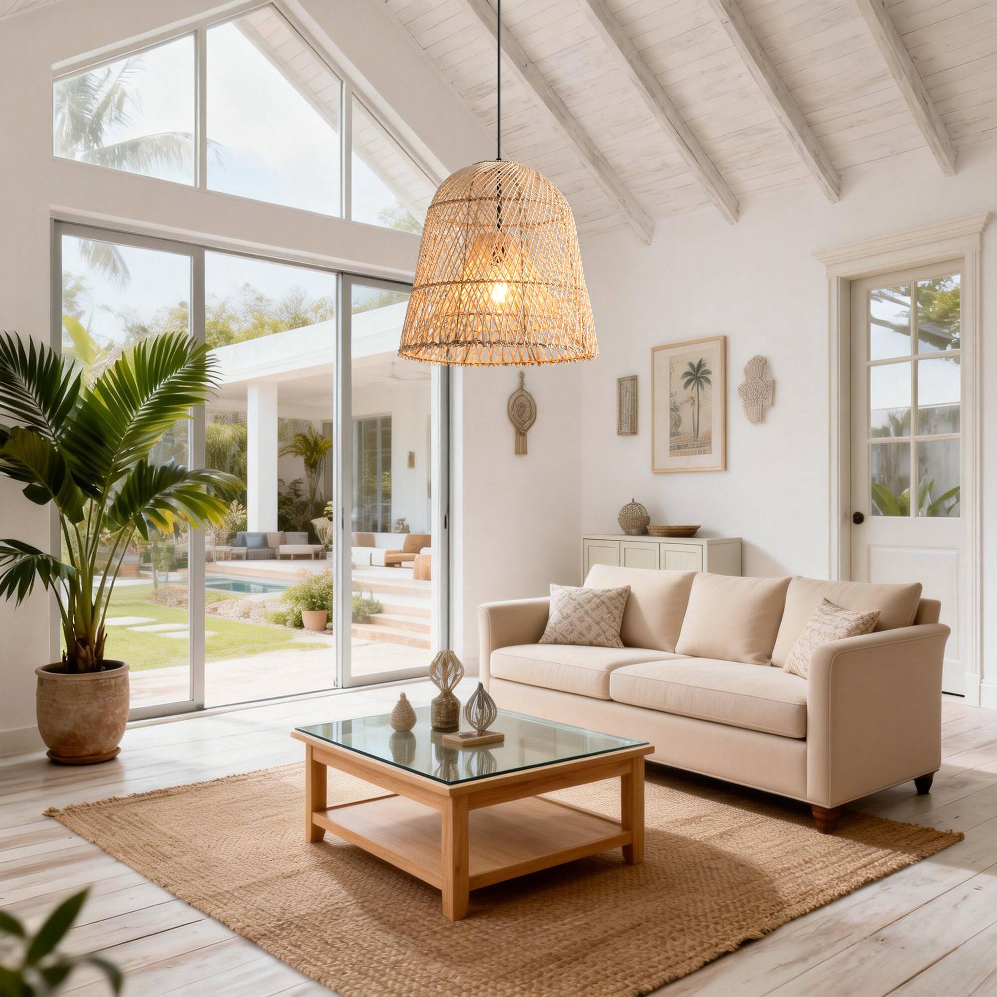 Angle. Parrot Uncle - 1-Light Coastal Retro Brown Rattan Hand-Woven Cloche Hanging Basket Pendant Light - Brown.