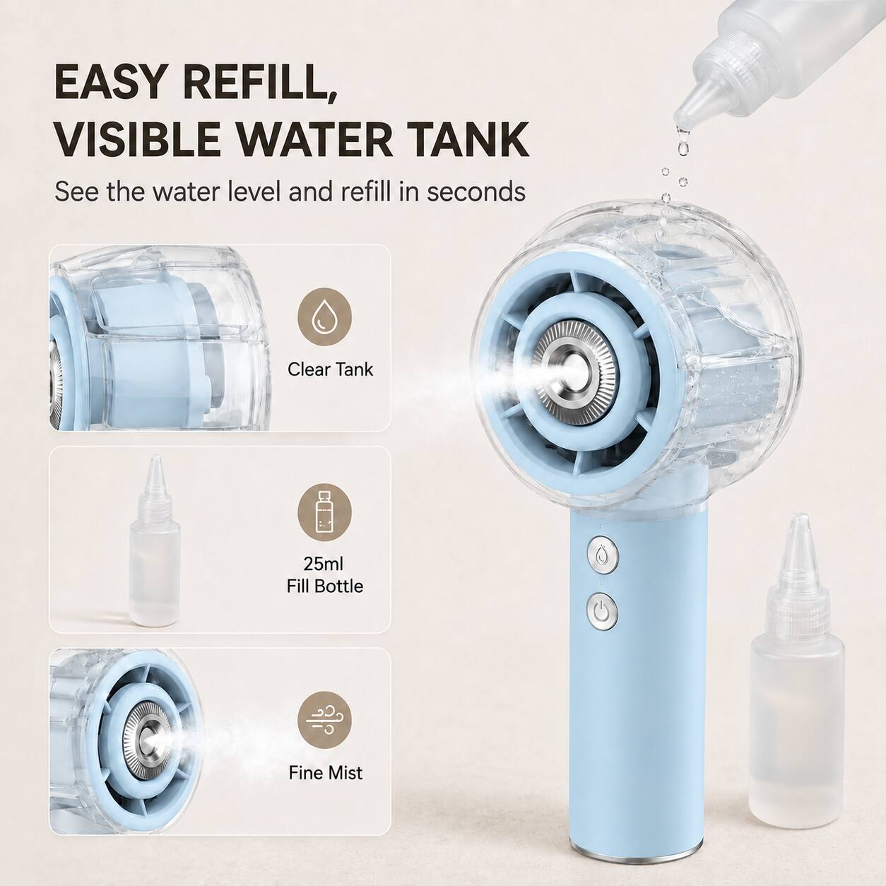 EASY REFILL,  
VISIBLE WATER TANK  
See the water level and refill in seconds  

Clear Tank  
25ml Fill Bottle  
Fine Mist