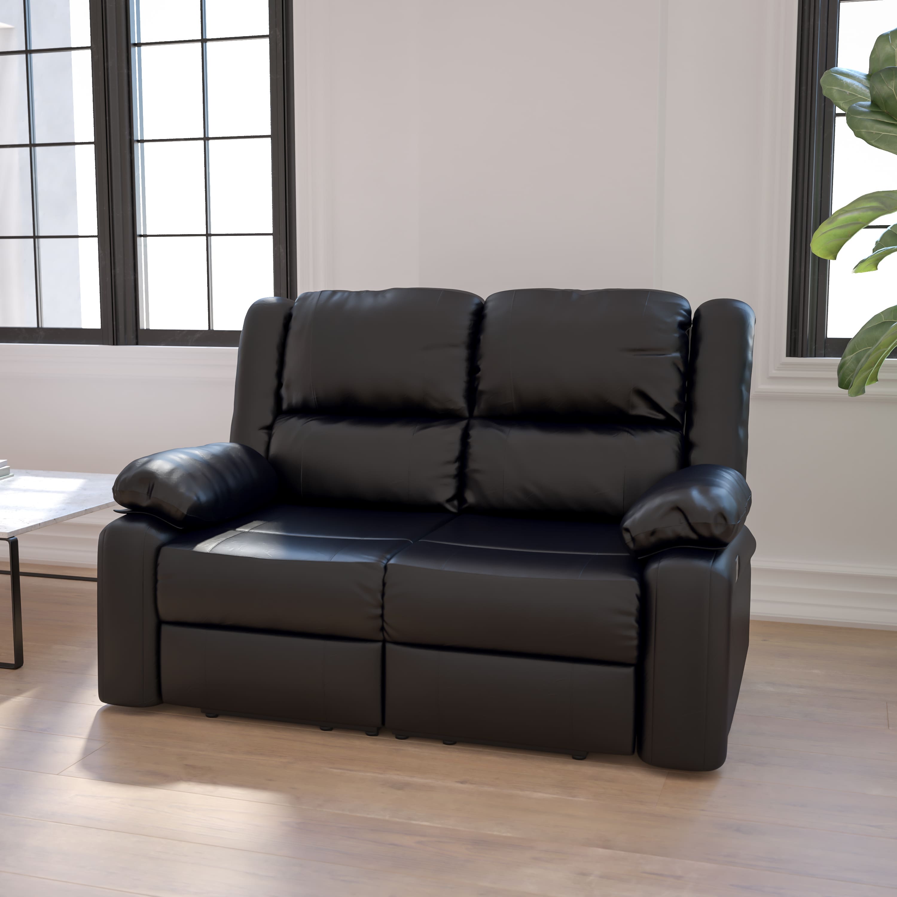 Emma + Oliver - Bustle Back Loveseat with Two Built-In Recliners - Black LeatherSoft