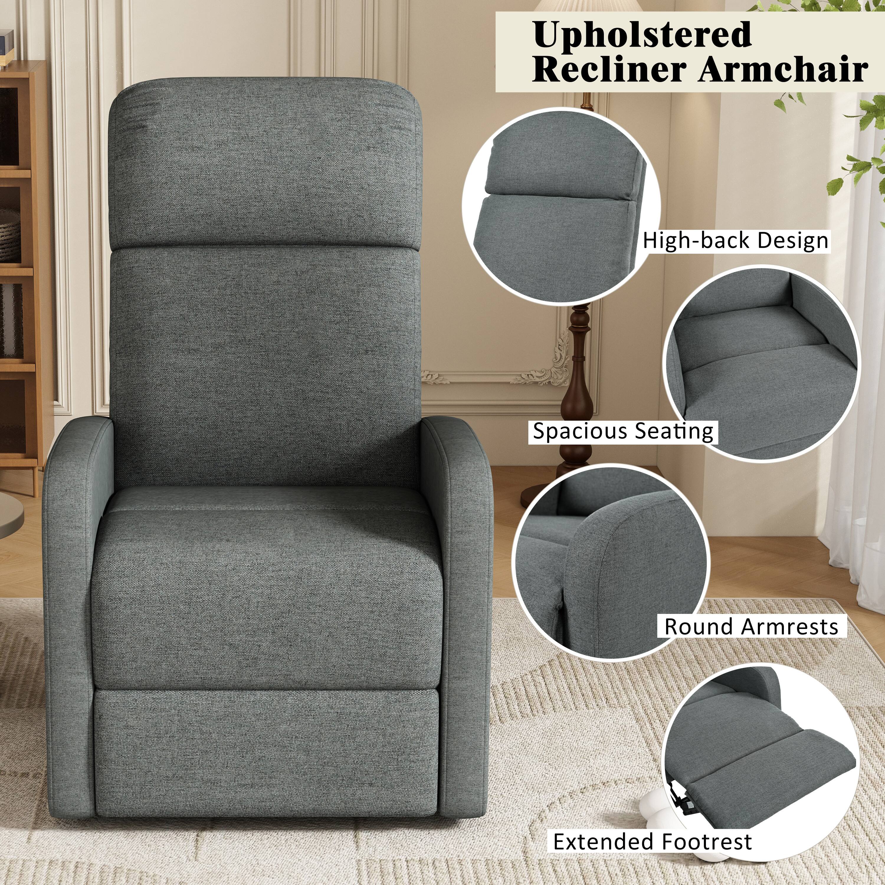 Upholstered Recliner Armchair

- High-back Design
- Spacious Seating
- Round Armrests
- Extended Footrest