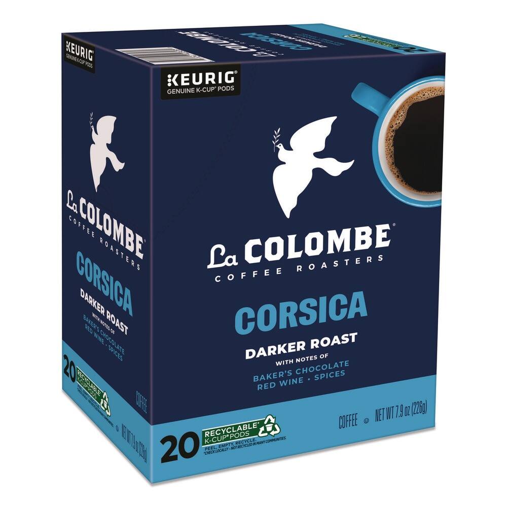 KEURIG GENUINE K-CUP PODS  
La COLONBE COFFEE ROASTERS  
La COLONBE COFFEE CORSICA DARKER ROAST  
WITH NOTES OF BAKER'S CHOCOLATE, RED WINE, SPICES  
20 K-CUP PODS  
NET WT 7.9 OZ (226g)  
RECYCLABLE  
PEEL, FILL, RECYCLE  
COFFEE