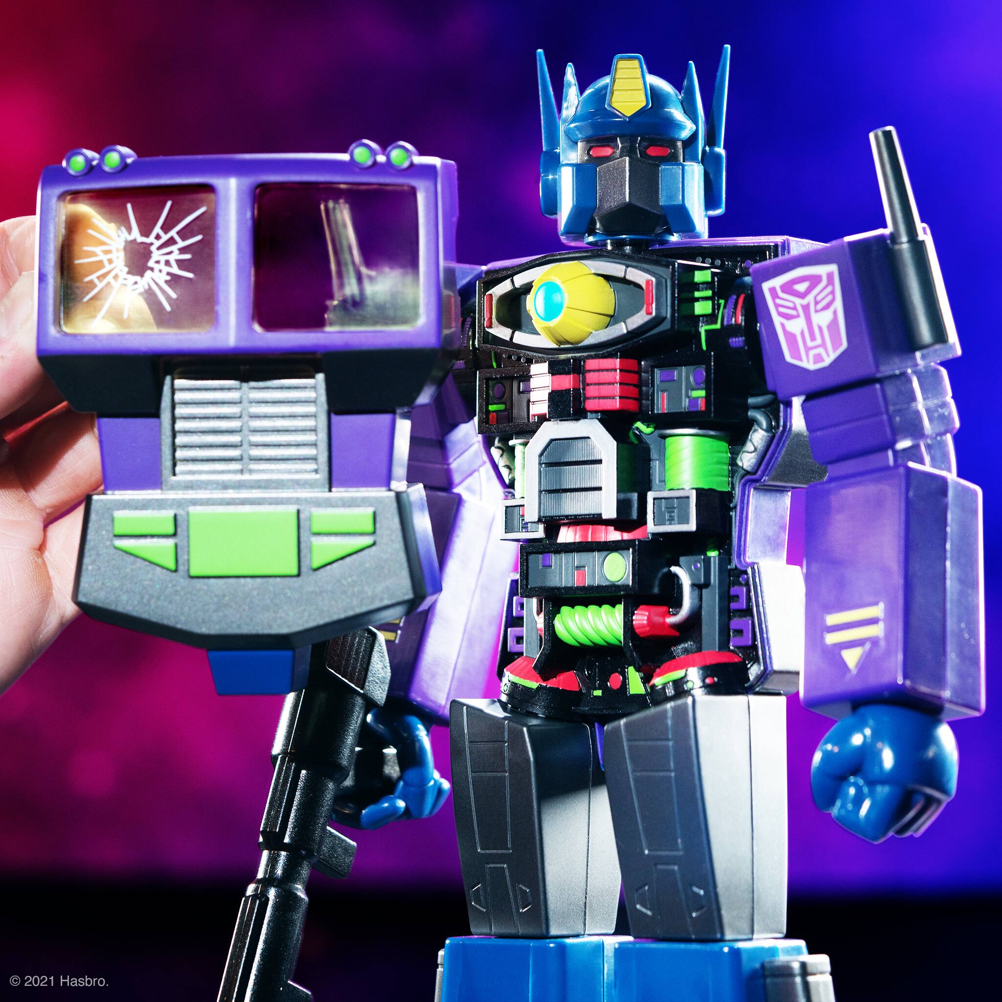 Left. Super7 - Transformers Shattered Glass 11” Super Cyborg Action Figure - Optimus Prime - Purple.