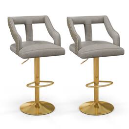 Costway - Set of 2 Swivel Bar Stool with Footrest, 2-Layer Electroplated Metal Base - Gray & Gold