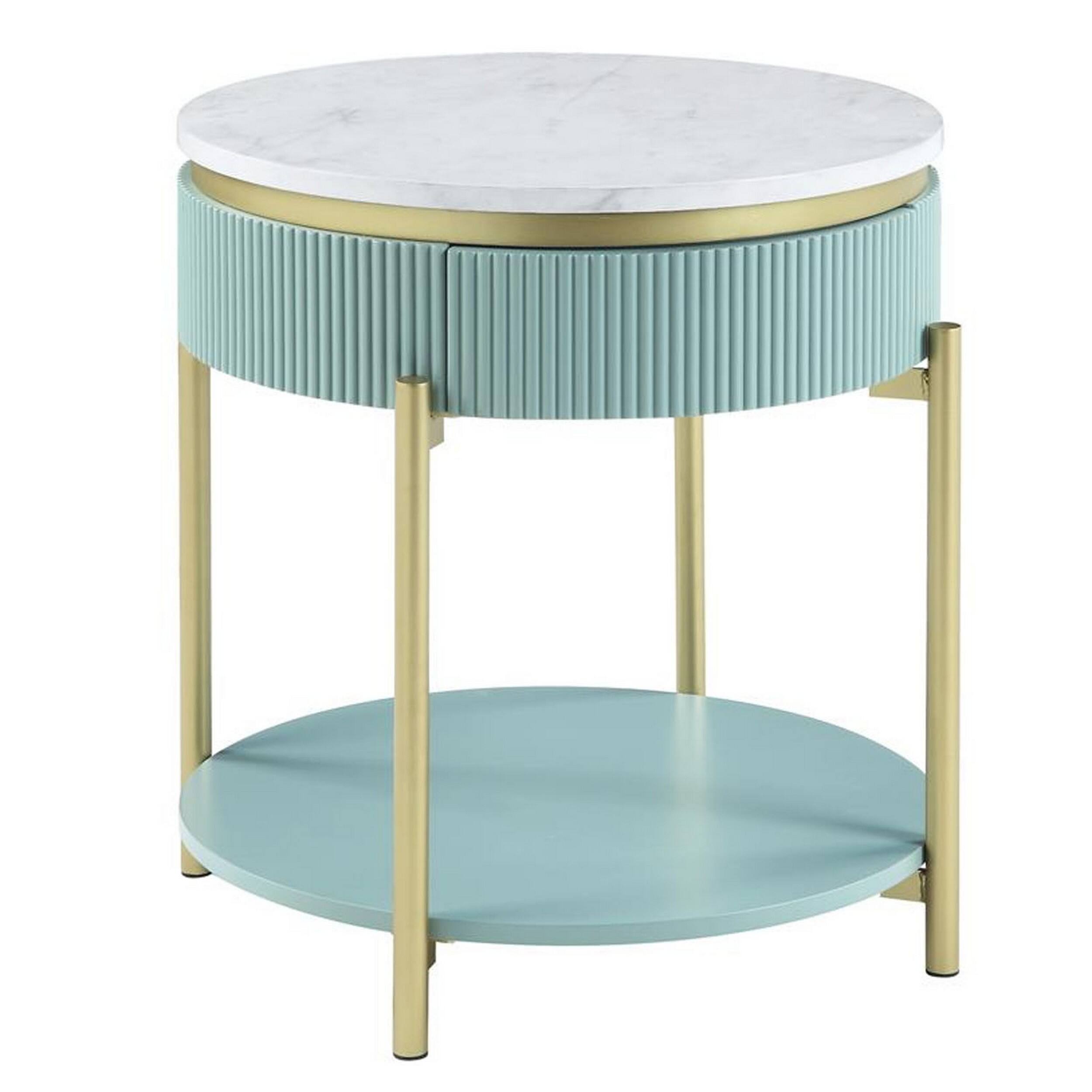 Alt View 2. Manhattan Lane - Ville 23 Inch Round Side End Table, White Faux Marble Top, Teal Reeded Edge - White, Teal, Gold.