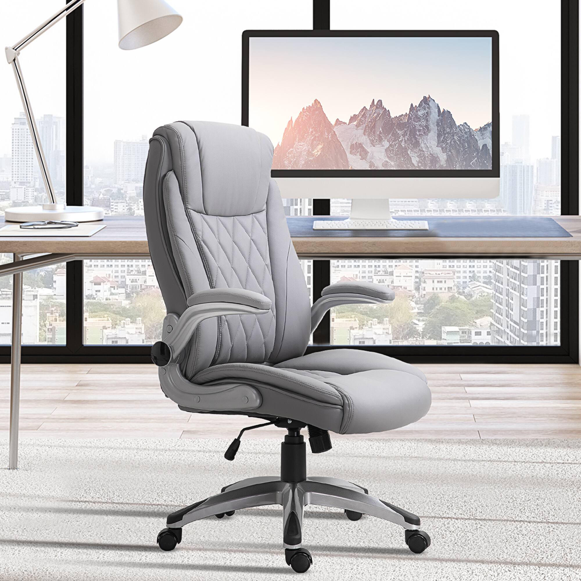 Alt View 2. Vinsetto - High Back 360° Swivel Ergonomic Home Office Chair with Flip Up Arms, Faux Leather Computer Desk Rocking Chair - Grey.