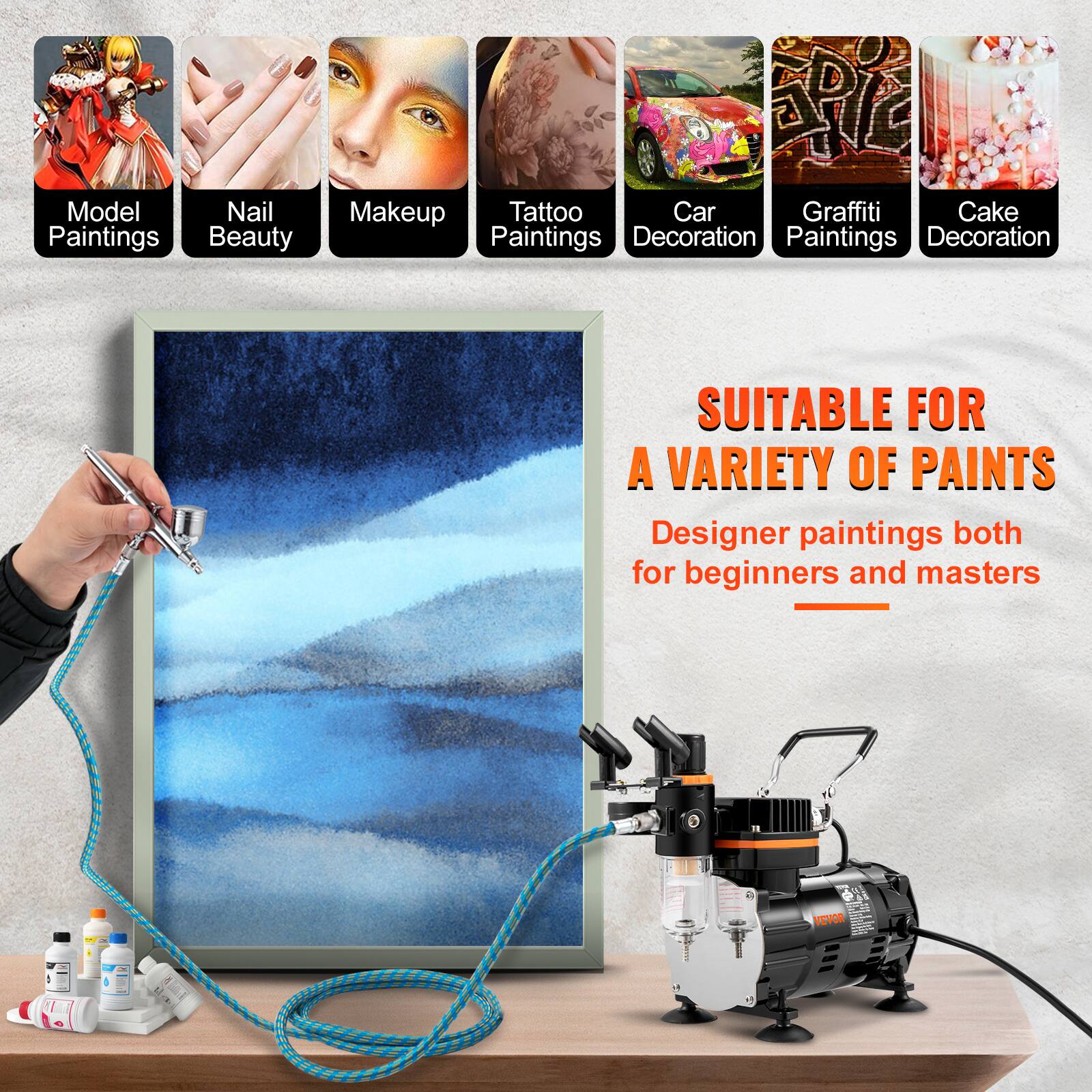Model Paintings  
Nail Beauty  
Makeup  
Tattoo Paintings  
Car Decoration  
Graffiti Paintings  
Cake Decoration  

SUITABLE FOR A VARIETY OF PAINTS  
Designer paintings both for beginners and masters