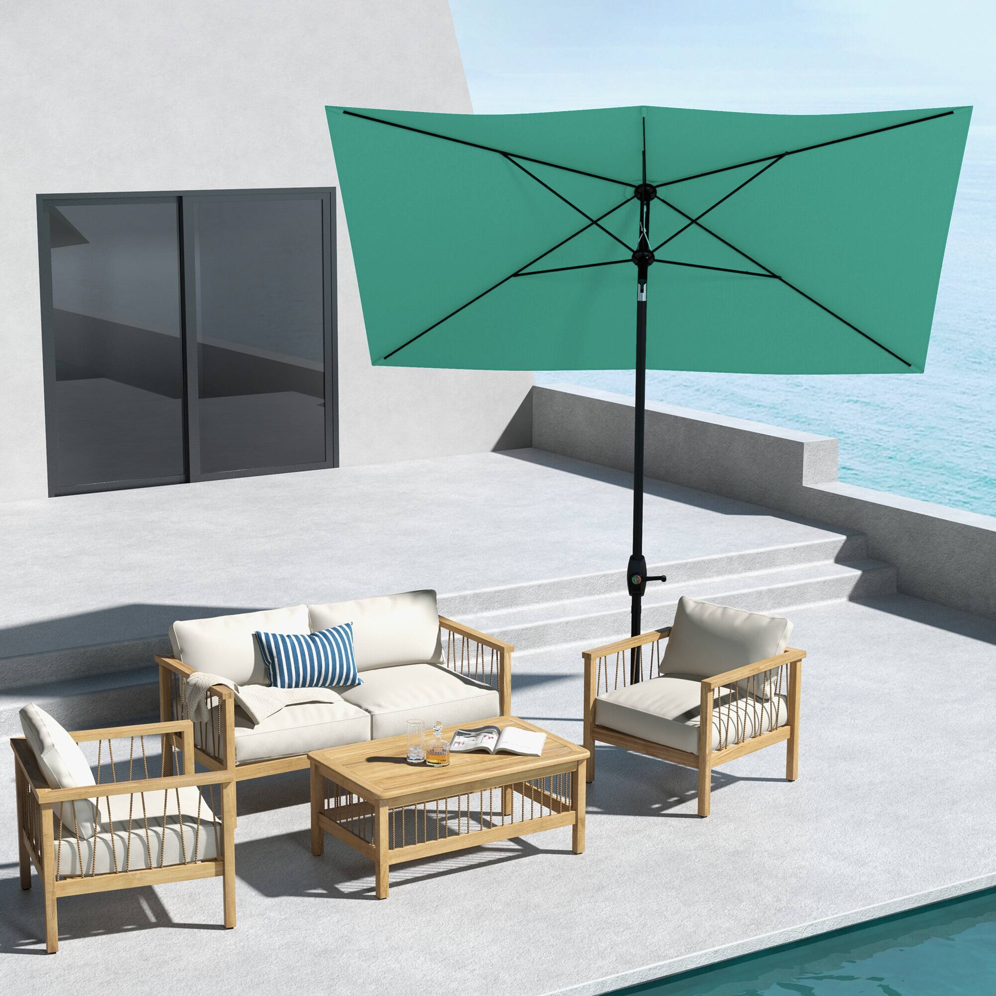 Angle. Outsunny - 6.5' x 10' Rectangular Market Umbrella, Patio Outdoor Table Umbrella with Crank and Push Button Tilt - Teal green.