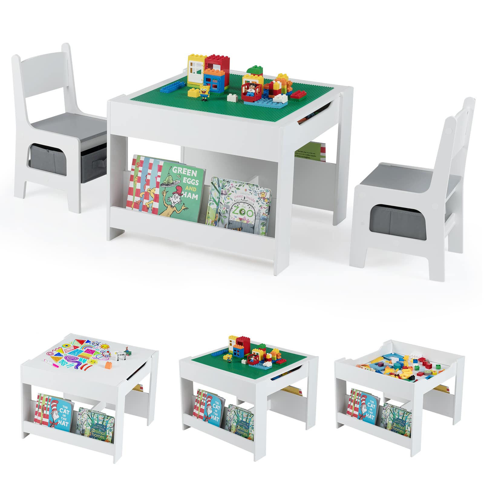 Gymax - 4 in 1 Kids Table & Chair Set w/Reversible Graffiti & Building Blocks Tabletop Grey - White