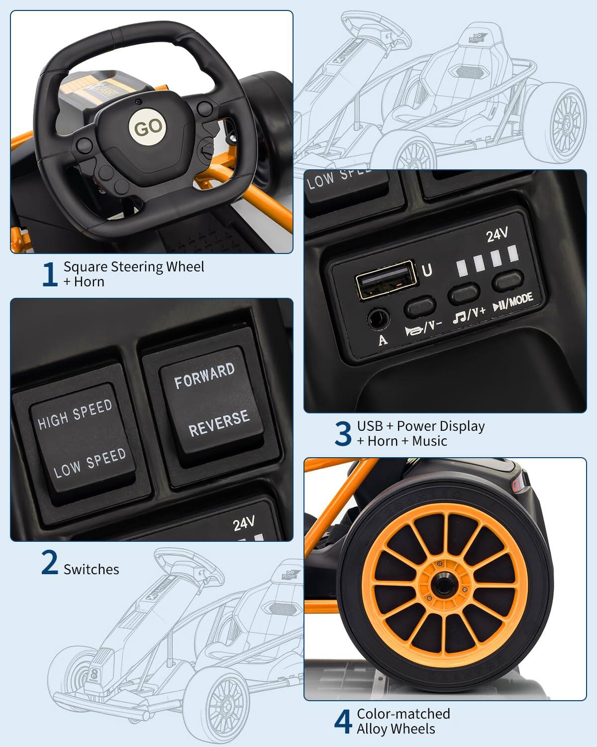 1. Square Steering Wheel + Horn  
2. Switches  
3. USB + Power Display + Horn + Music  
4. Color-matched Alloy Wheels