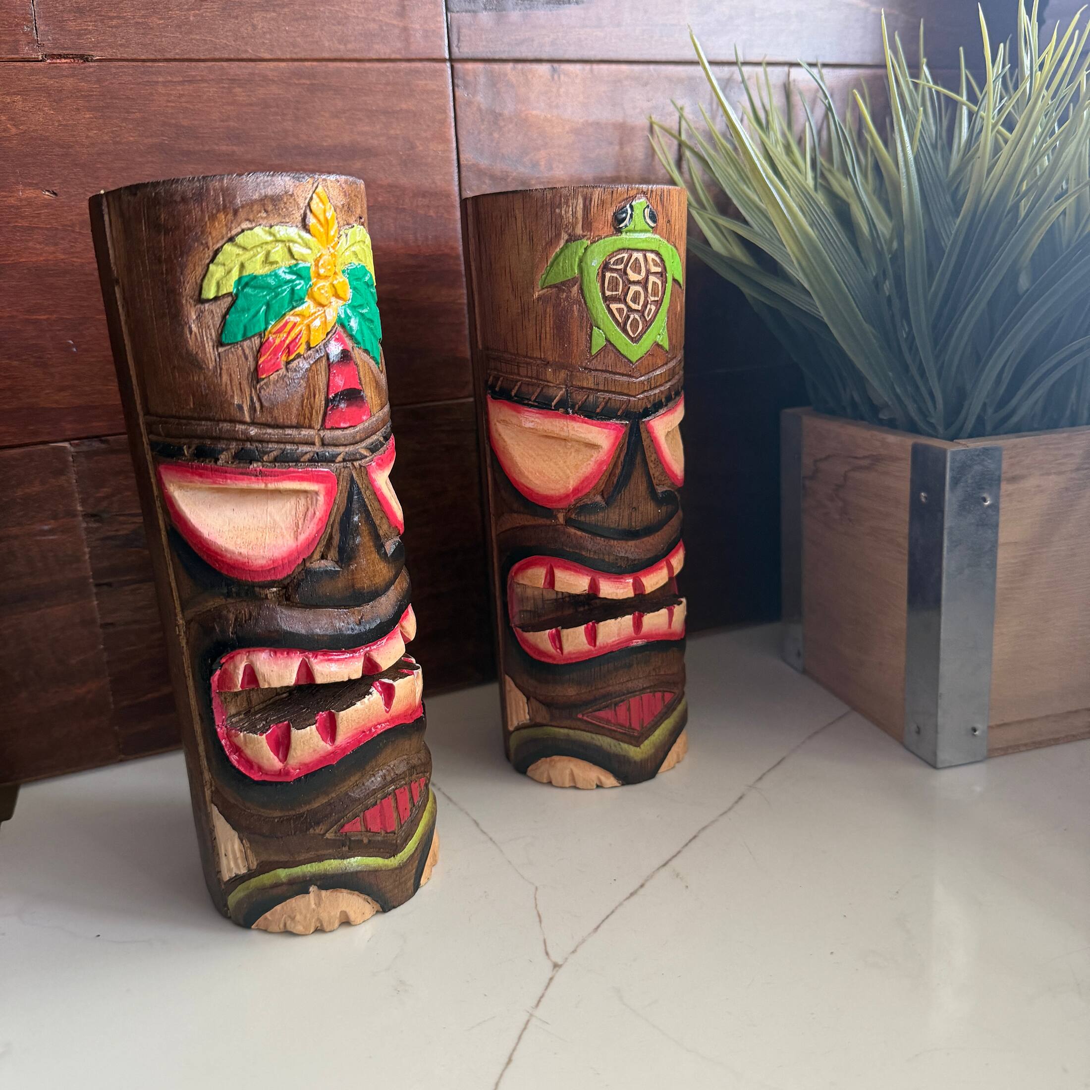 Alt View 3. Things2Die4 - Hand Carved Wood Tiki Totem Pole Statues Set of 2 8 Inch Tall Turtle Palm Decor - Brown.
