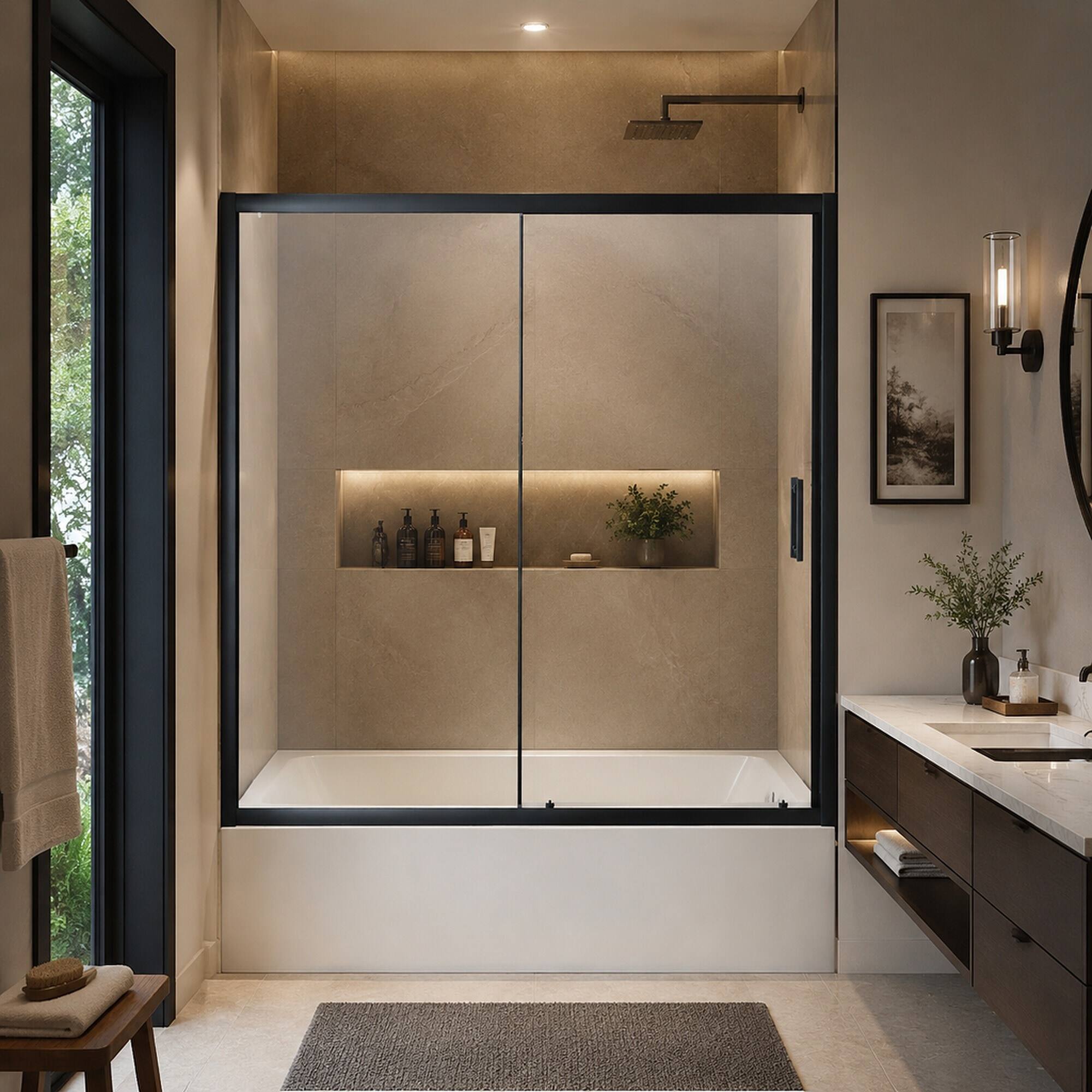 Left. RYHNUYNE - 60 In W X 62 In H Single Sliding Shower Door, 1/5 In Clear Tempered Glass With Stainless Steel Handle Black Finish - Matt Black.