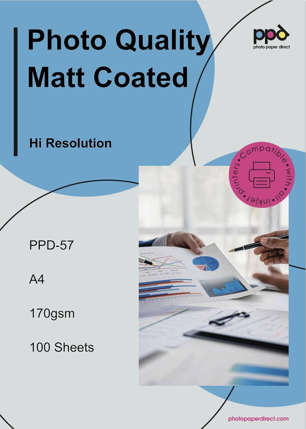 Photo Quality Matt Coated  
Hi Resolution  

PPD-57  
A4  
170gsm  
100 Sheets  

Compatible with all inkjet printers  

photopaperdirect.com