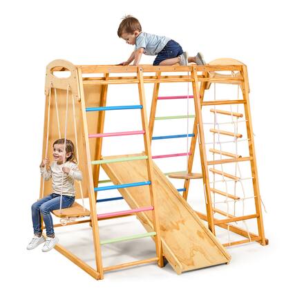 Front. VEVOR - Indoor Playground Jungle Gym, 9-in-1 Wooden Climbing Playset for Toddlers, 250LBS Capacity with Monkey Bar, Swing, Slide - color.