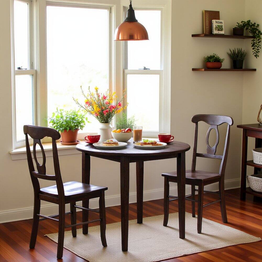 Alt View 2. FurniFact - Walnut Drop Leaf Table And Chairs, Small Round Dining Set With 2 Seats - Walnut.