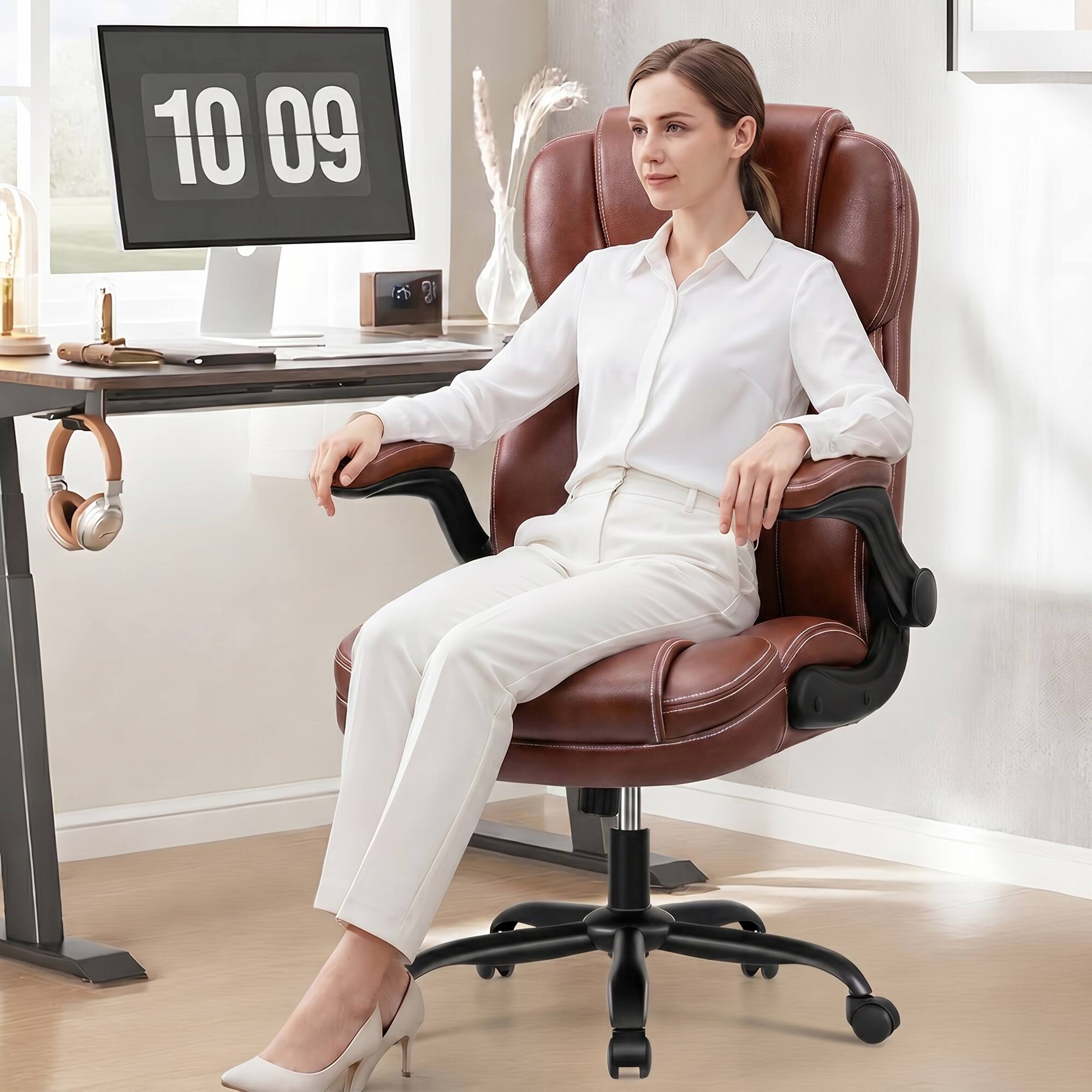 Front. Brick Attic - PU Leather Executive Office Chair with Flip-Up Armrests, Ergonomic High-Back Gaming Chair with Adjustable Height - Brown.