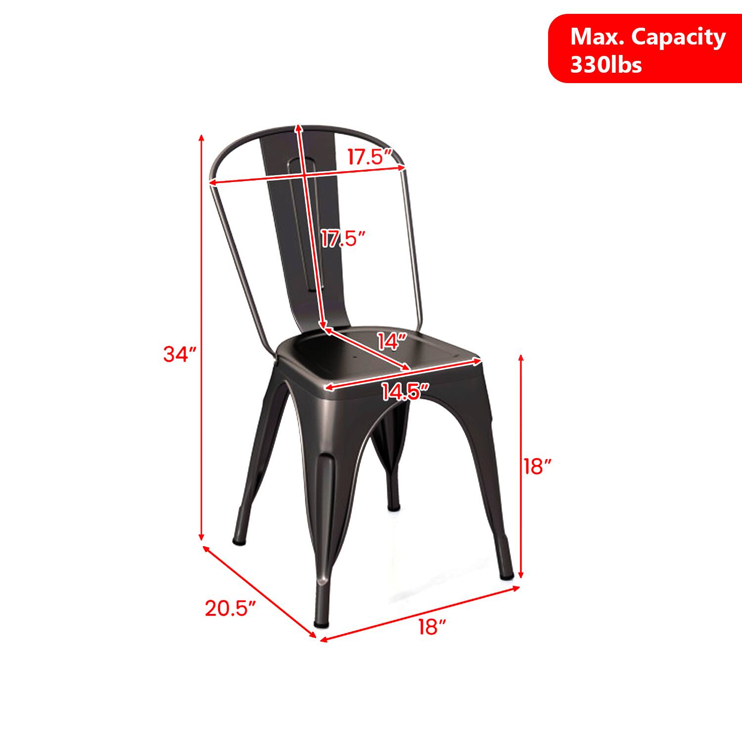 Max. Capacity 330lbs  
17.5"  
17.5"  
34"  
14"  
14.5"  
18"  
20.5"  
18"