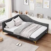 Costway - Full Size Upholstered Daybed Rivet-Tufted Platform Bed with Metal Legs Wood Slats - Gray - Front_Zoom