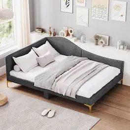 Costway - Full Size Upholstered Daybed Rivet-Tufted Platform Bed with Metal Legs Wood Slats - Gray