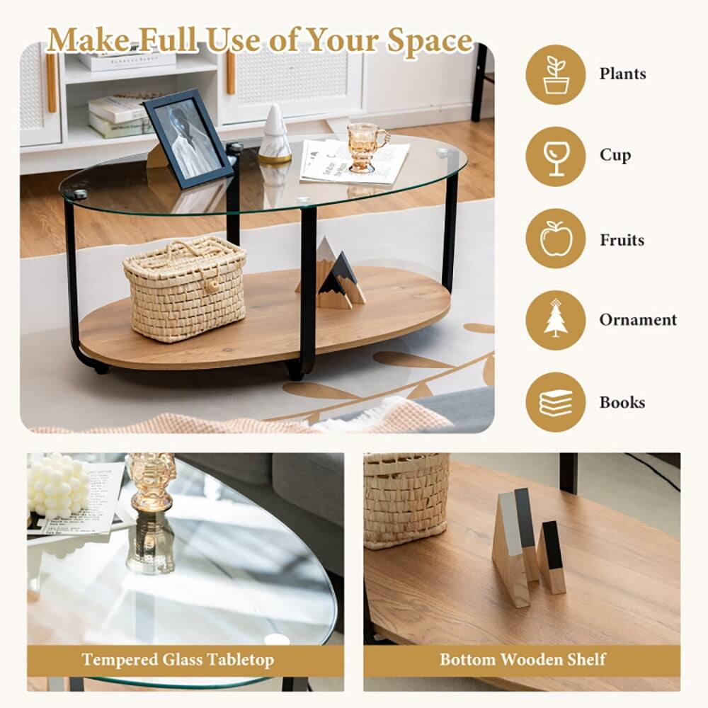 Make Full Use of Your Space

- Plants
- Cup
- Fruits
- Ornament
- Books

Tempered Glass Tabletop

Bottom Wooden Shelf