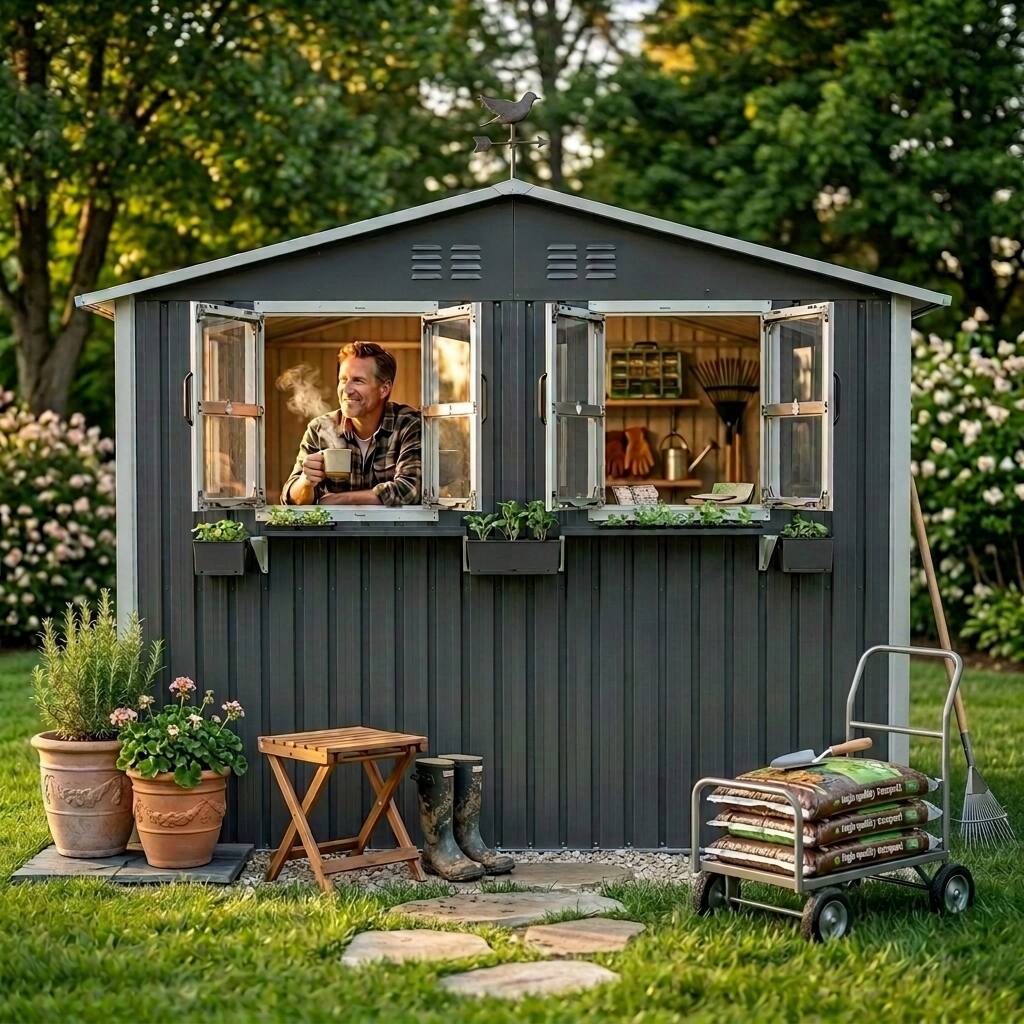 Loheer - 6x9 Outdoor Metal Storage Shed with Window Flower Rack Lockable Double Doors Coal Gray Tool Shed
