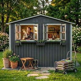 Loheer - 6x9 Outdoor Metal Storage Shed with Window Flower Rack Lockable Double Doors Coal Gray Tool Shed