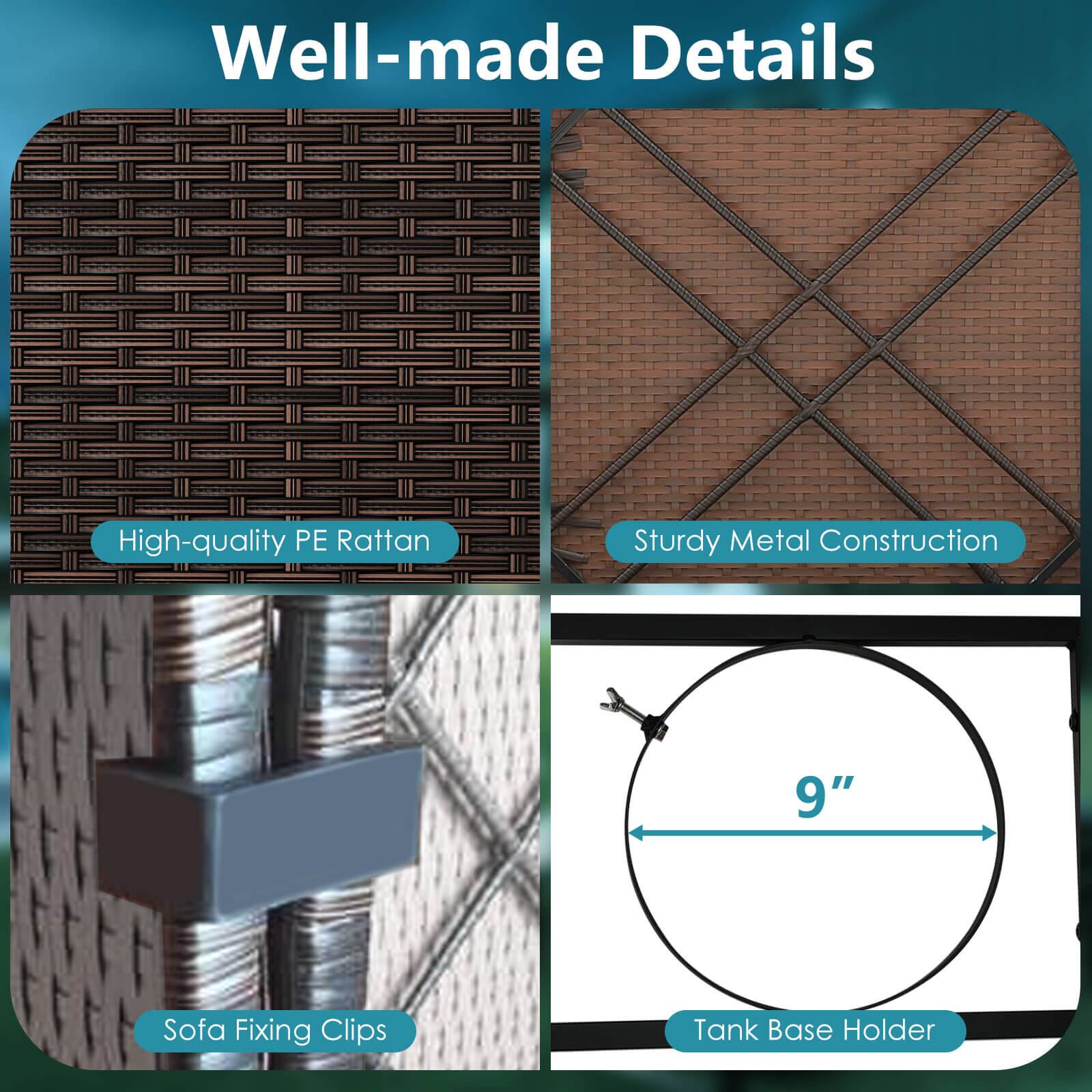 Sure, here is the corrected and grouped text from the image:

---

**Well-made Details**

- High-quality PE Rattan
- Sturdy Metal Construction
- Sofa Fixing Clips
- Tank Base Holder (9")

---