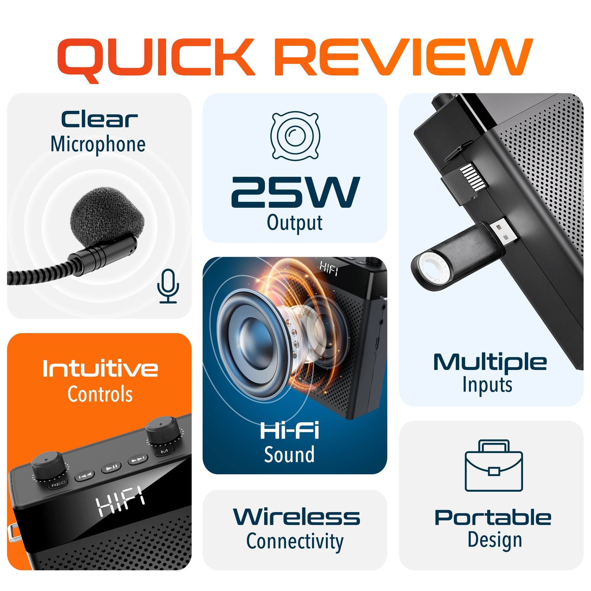 QUICK REVIEW

Clear Microphone
25W Output
Intuitive Controls
Hi-Fi Sound
Wireless Connectivity
Multiple Inputs
Portable Design