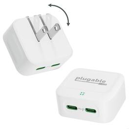 Plugable - Dual USB C Wall Charger, 40W Foldable 2-Port Flat USB C Fast Charger Block, USB-C Power Adapter - White