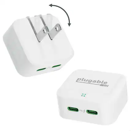 Front. Plugable - Dual USB C Wall Charger, 40W Foldable 2-Port Flat USB C Fast Charger Block, USB-C Power Adapter - White.