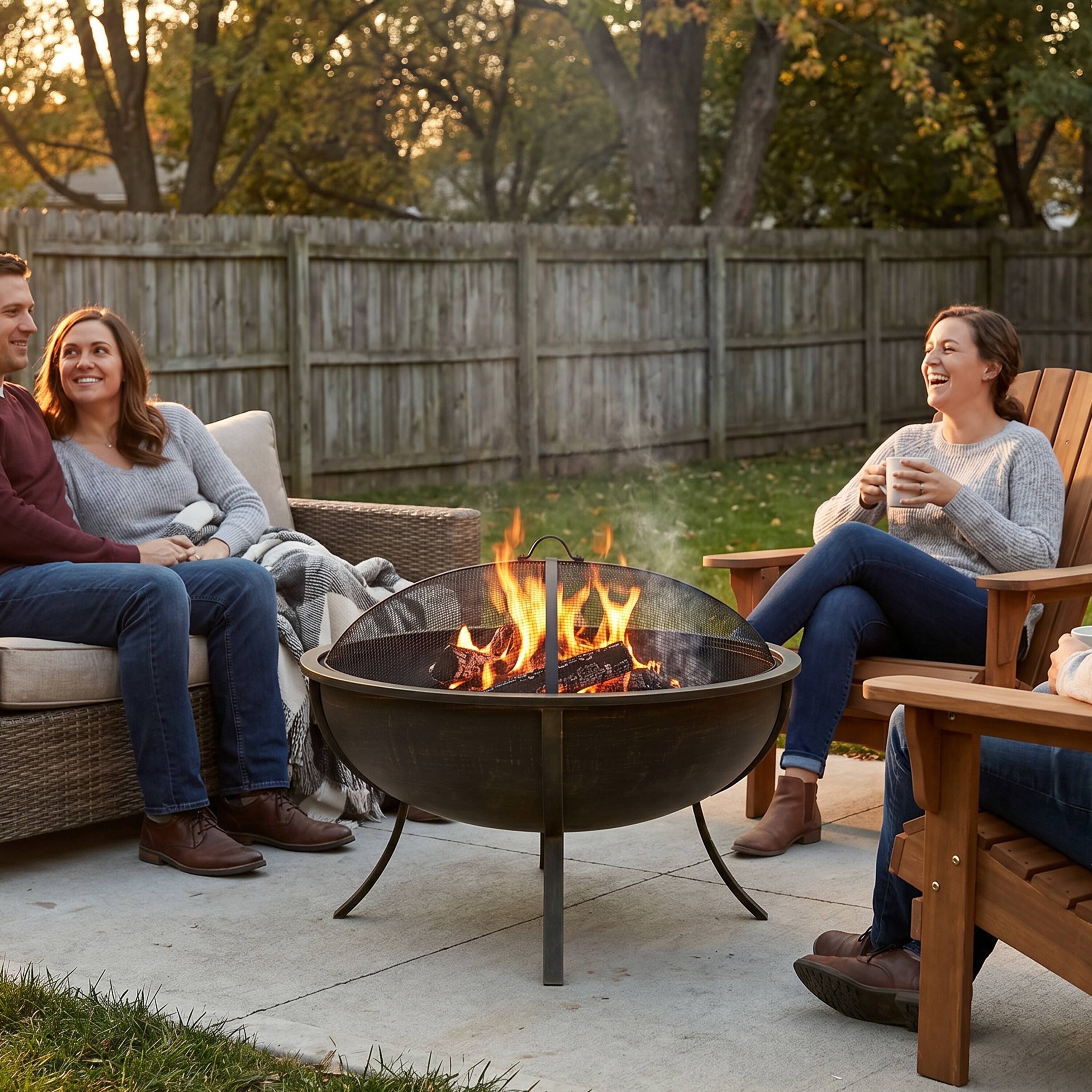 Alt View 8. Sunnydaze - 32 in Steel Fire Pit with Screen, Grate, and Poker - Brushed Brass.