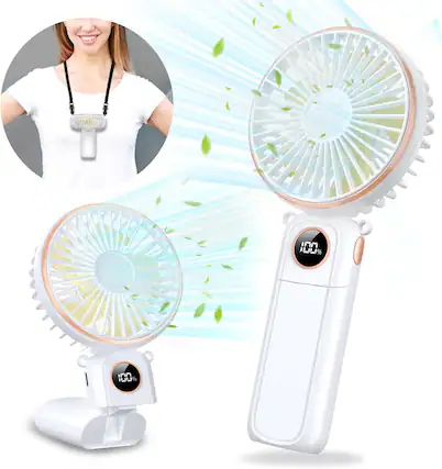 Front. FINEAK - White Rechargeable Mini Handheld Fan - Foldable 6 Speed for Travel Makeup Gift.