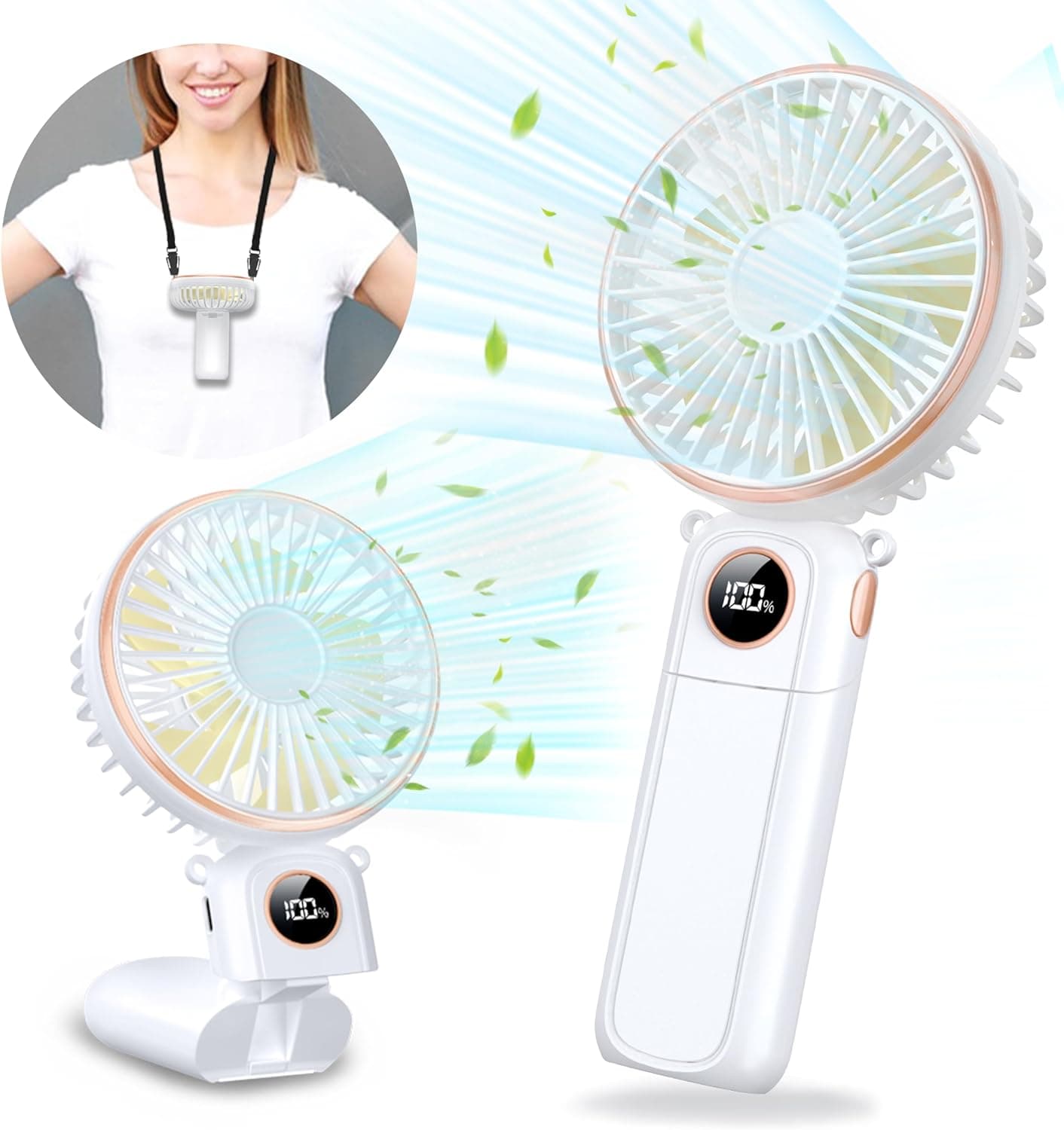 Front. FINEAK - White Rechargeable Mini Handheld Fan - Foldable 6 Speed for Travel Makeup Gift.
